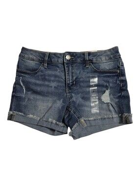 NWT SO Blue Denim Distressed Shortie Shorts Women's Size 12 Frayed Rolled Cuff